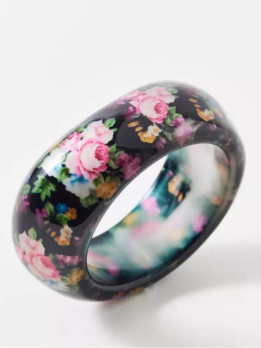 Urban Outfitters Floral Black Resin Bangle Bracelet with Pink Rose Print